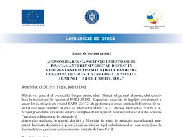 Anunț de început proiect „CONSOLIDAREA CAPACITĂŢII UNITĂŢILOR DE ÎNVĂŢĂMÂNT PREUNIVE SITAR DE STAT ÎN VEDEREA GESTIONĂRII SITUAŢIEI DE PANDEMIE GENERATĂ DE VIRUSUL SARS-COV-2 LA NIVELUL COMUNEI TUGLUI, JUDETUL DOLJ