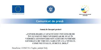 Anunț de început proiect „CONSOLIDAREA CAPACITĂŢII UNITĂŢILOR DE ÎNVĂŢĂMÂNT PREUNIVE SITAR DE STAT ÎN VEDEREA GESTIONĂRII SITUAŢIEI DE PANDEMIE GENERATĂ DE VIRUSUL SARS-COV-2 LA NIVELUL COMUNEI TUGLUI, JUDETUL DOLJ