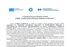 Comunicat de presa finalizare proiect „DOTAREA CU MOBILIER, MATERIALE DIDACTICE SI ECHIPAMENTE DIGITALE A UNITATILOR DE INVATAMANT PREUNIVERSITAR LA SCOLA GIMNAZIALA RADOVAN, JUDETUL DOLJ”