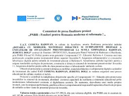 Comunicat de presa finalizare proiect „DOTAREA CU MOBILIER, MATERIALE DIDACTICE SI ECHIPAMENTE DIGITALE A UNITATILOR DE INVATAMANT PREUNIVERSITAR LA SCOLA GIMNAZIALA RADOVAN, JUDETUL DOLJ”